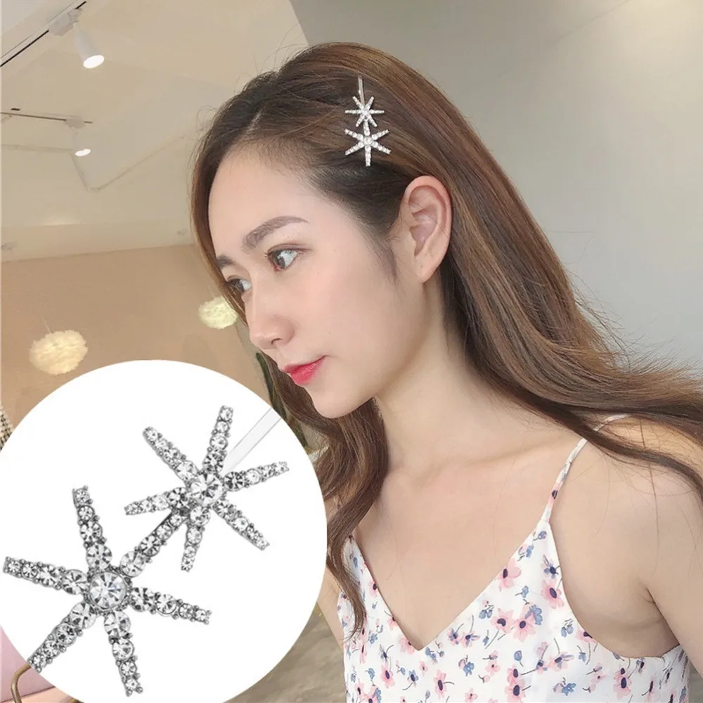 

M MISM ins Women Girls Korean Alloy Sweet Star Snowflake Rhinestone Wedding Shiny Hair Clips Hairpins Barrette Hair Accessories