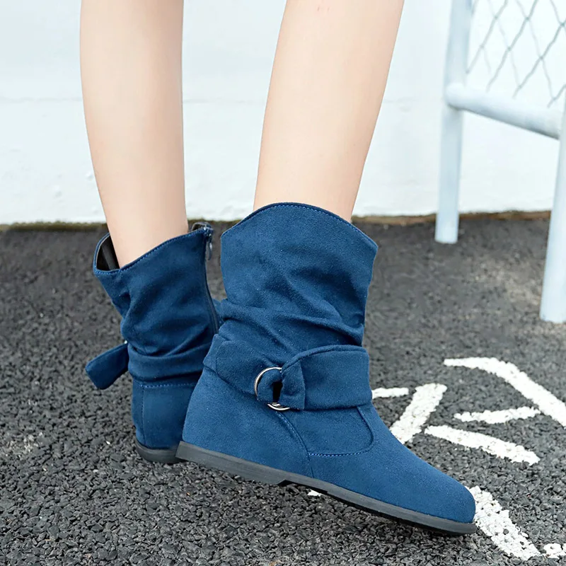 

Women Winter Flock Zip Buckle Strap Ankle Knight Boots Plus Size Female Casual Comfort Slip On Shoes Ladies Fashion Footwear