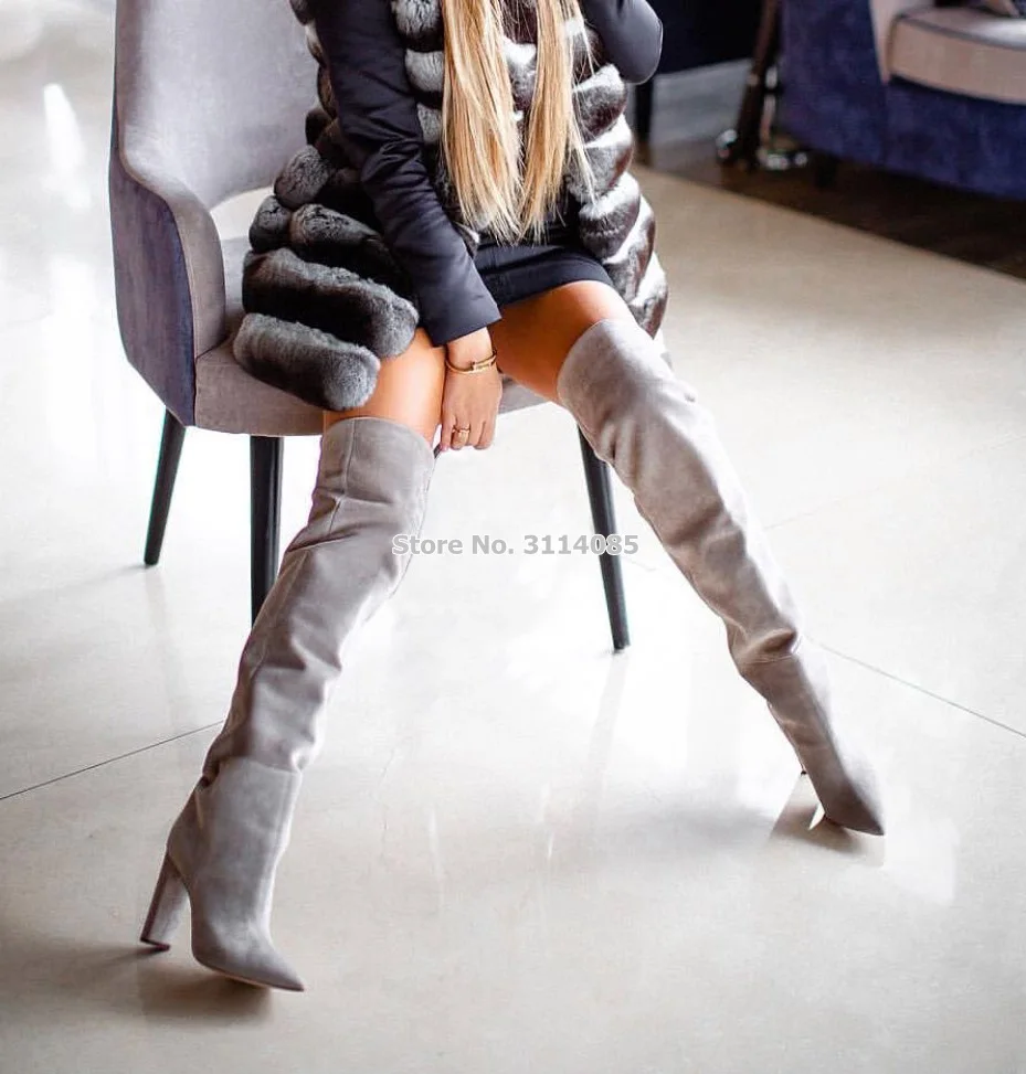 grey leather thigh high boots