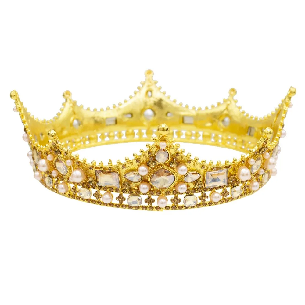 

Baroque Gold King Crowns Diadem Head wedding Hair accessories for bride Women Pearl Crystal large pageant crowns tiara casamento