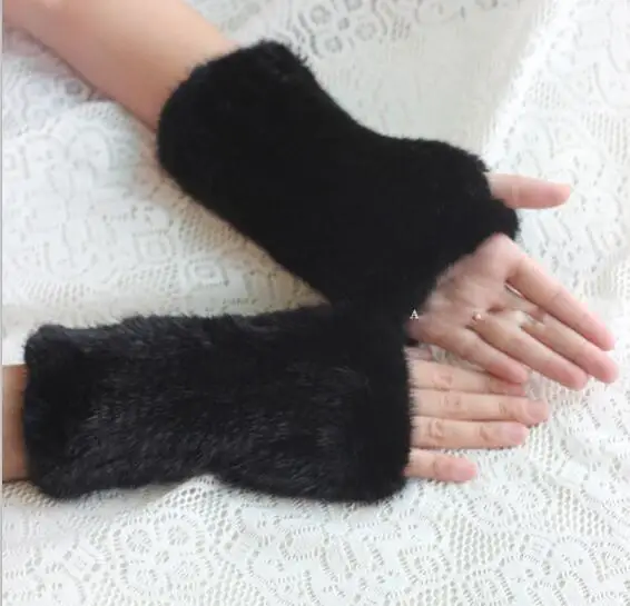 Натуральный мех норки перчатки с эластичными Модные женские высокой плотности вязаные теплые перчатки новые унисекс натуральные меховые без пальцев Варежки - Цвет: 20cm black