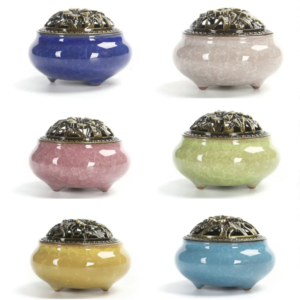 Antique Ceramic Incense Burner Holder Copper Alloy Cover Cone Coil