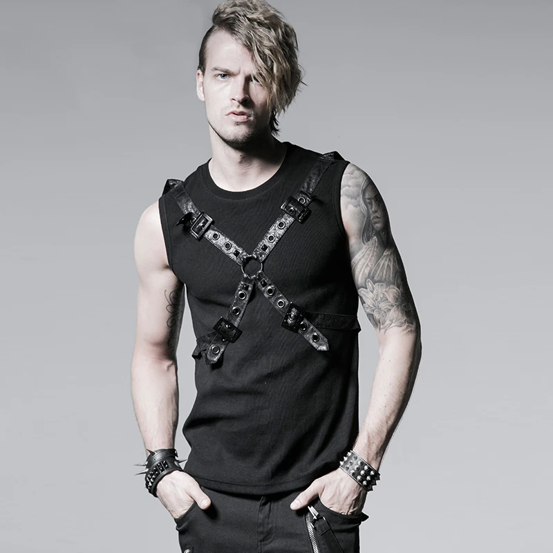 

Punk Rib Vest with Ether Belt for Men Steam Punk Men's Sleeveless Cool Tank Tops Summer Casual Top Black Coffee Vest