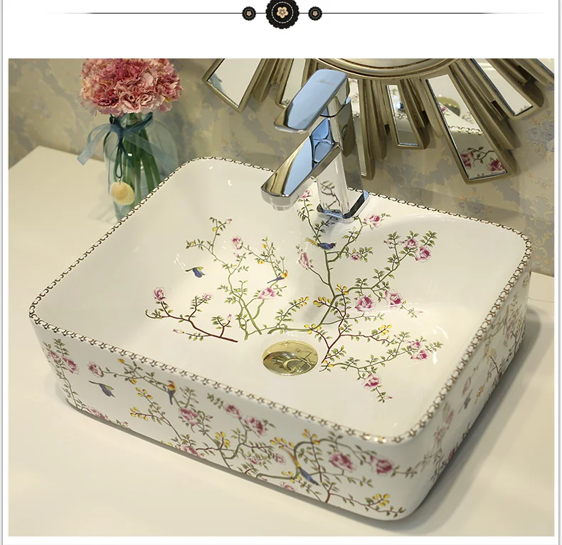 Rectangular Counter Top Wash Basin Cloakroom Hand Painted Vessel Sink bathroom sinks Flowers and birds deep basin sink (3)