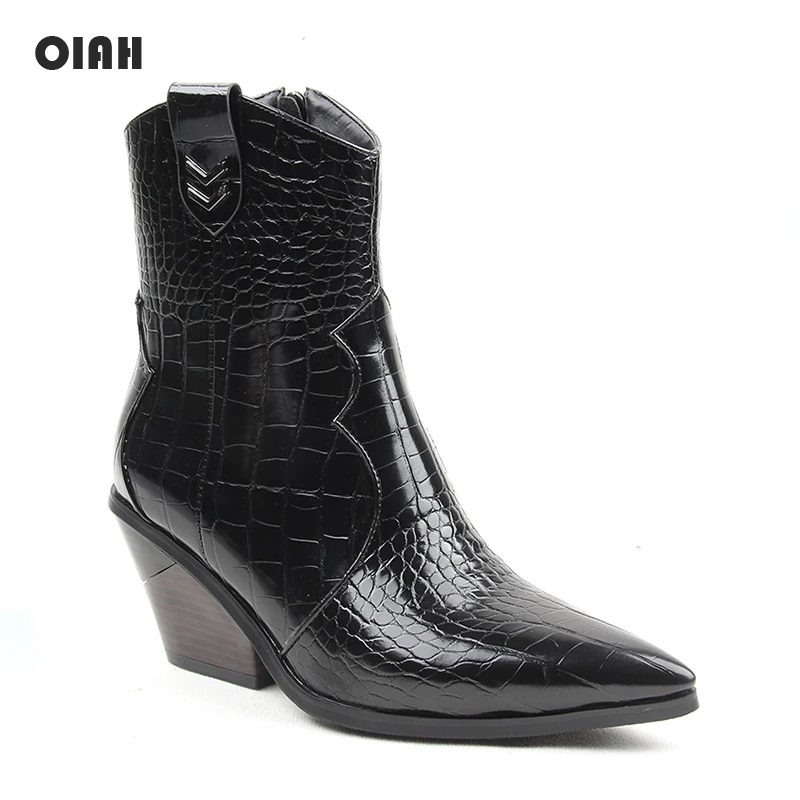 

Women Ankle Boots Chunky Heel Zip Shoes Comfortable Female Pointed Toe Shoes Retro Spring Stone Pattern PU Leather Dropshipping