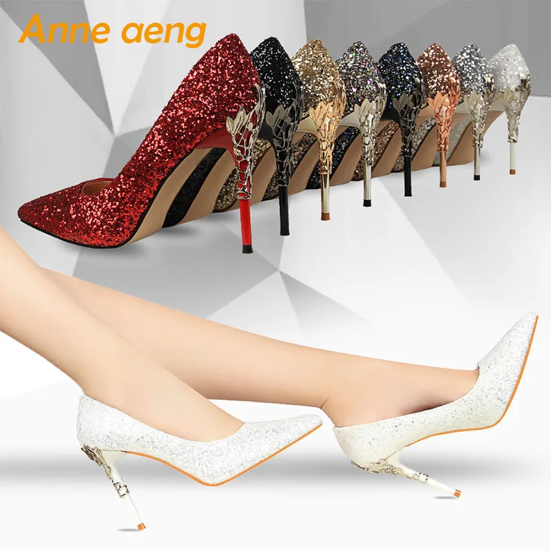 2019 New Women Pumps High Thin Heel Metal Pointed Toe Shallow Sexy Ladies Bling Bridal Wedding Women Shoes White High Heels
