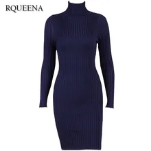 Rqueena длинные Bodycon Платья для женщин для Для женщин Мода 2017 г. осень-зима Для женщин Повседневное водолазка длинный вязаный Платья-свитеры wd193