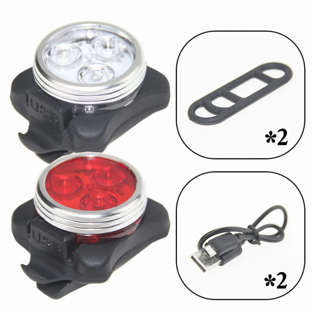 

White Bike USB Rechargeable Front Light + Red Bicycle Tail Light Riding Cycling Bike 3 LED Head Lamp Back Seat Lamp