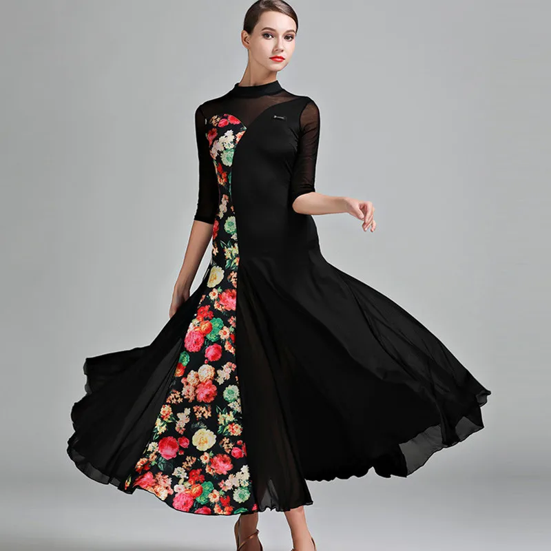 Floral Contrast Color Ballroom Dress Woman Waltz Dance Costume Spanish Flamenco Dress Fox Trot Party Ballroom Dance Clothing