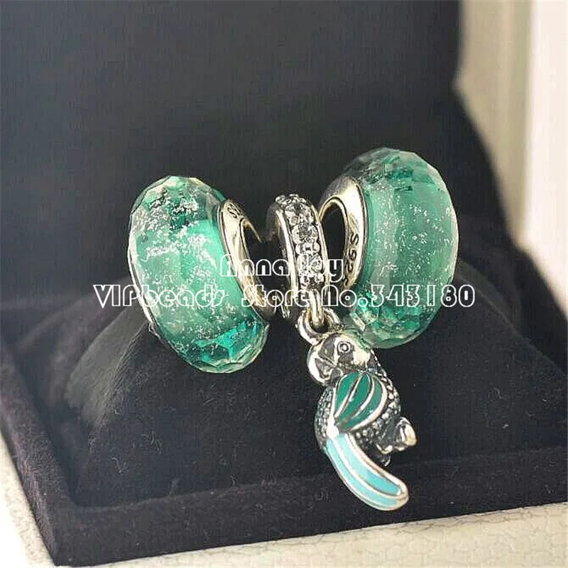 

2016 925 Sterling Silver Tropical Parrot & Dark Teal Shimmer Faceted Murano Glass beads Set with Charm Box Fit European Bracelet