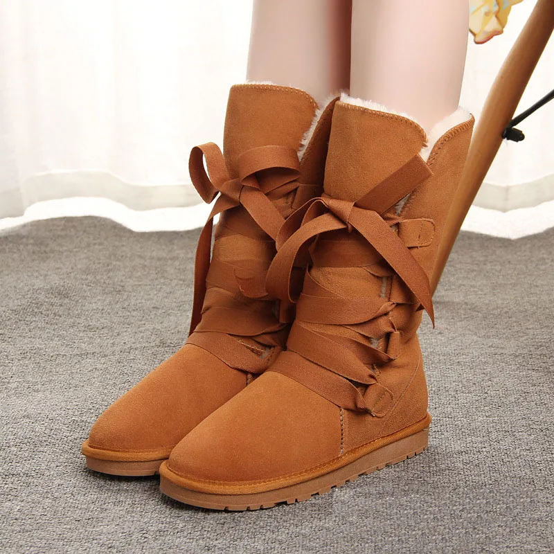 Женские зимние ботинки наивысшего качества из натуральной кожи; зимняя обувь; теплые ботинки с перекрестными ремешками; длинные женские зимние ботинки - Цвет: maroon
