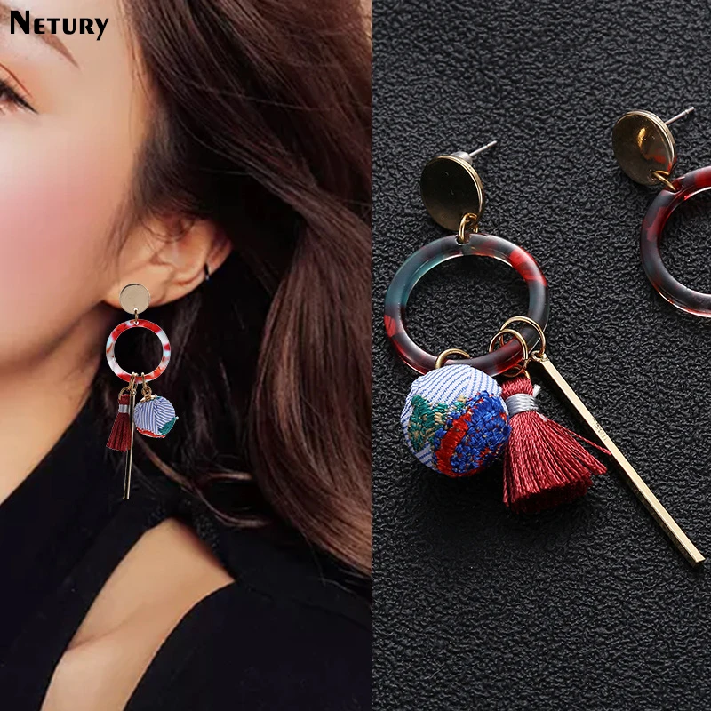 

Women tassel earrings for Art vintage Ethnic embroidery ball dangle earrings Creative Floral cloth Prevent allergy lady jewelry