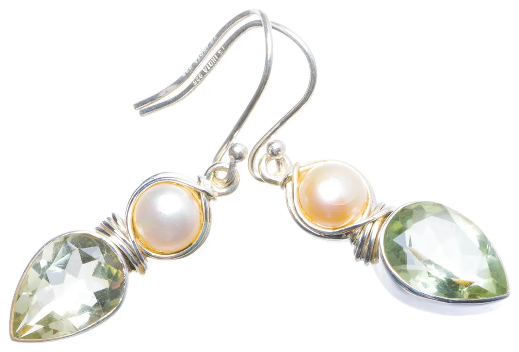 

Natural Green Amethyst and River Pearl Handmade Unique 925 Sterling Silver Earrings 1.75" X4705