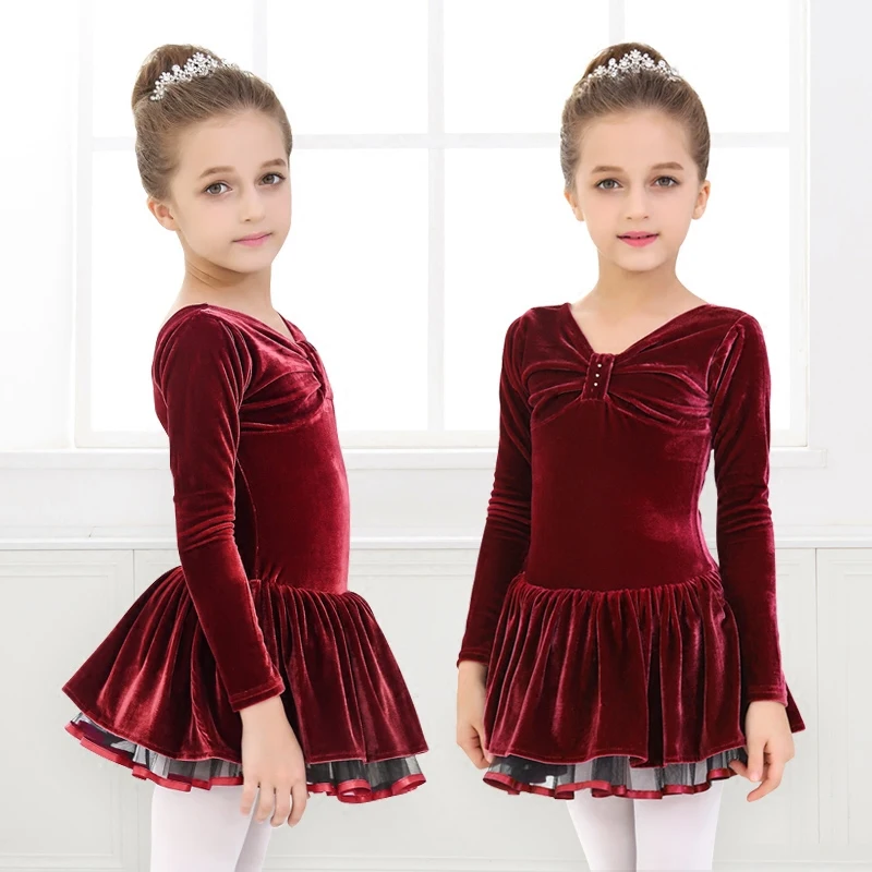

Girls Ballet Dancing Suit Kids Long Sleeve Velvet Dancing Suit Velvet Dance Skirt Ballet Suit Childrens's Day Suit B-6391