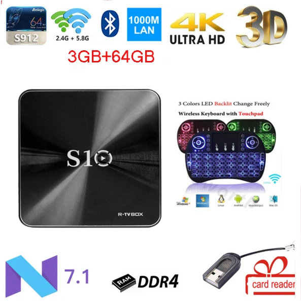 

s10 TV Box 2018 R-TV BOX S10 Amlogic S912 Octa Core DRR4 3GB 64GB eMMC 2.4G/5G Wifi Lan 1000M BT4.1 4K