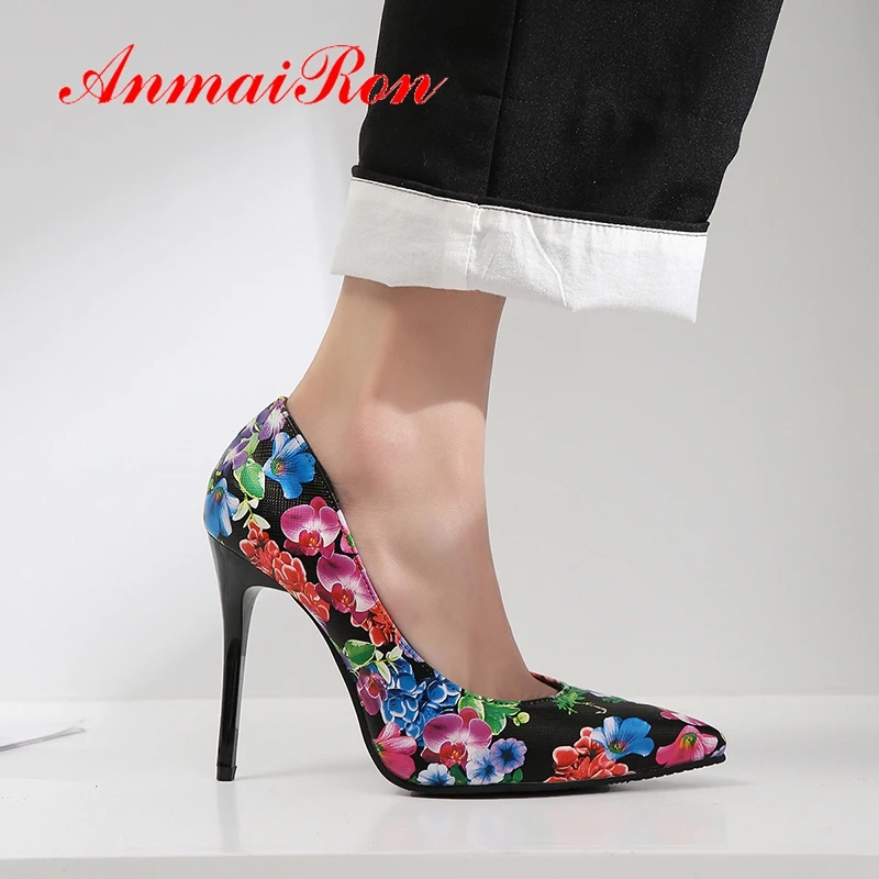 

ANMAIRON 2019 Basic Super High Thin Heels Printed Women High Heels Pointed Toe Party Slip-On Sandals Women Size 34-43 LY2084