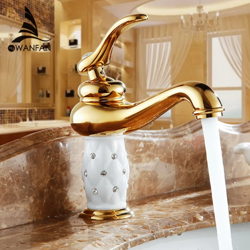 Online Becken Armaturen Messing mit Diamant Bad Wasserhahn Gold Mischbatterie Einzigen Handgriff Hot   Cold Waschbecken Wasserhahn torneiras banheiro 7301K