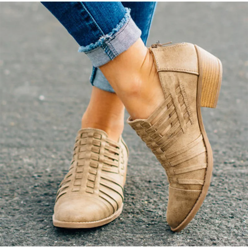 

Fashion Plus Size Women Ankle Boots Hollow Low Heel Shoes Casual Slip On Female Chunky Heels Zipper Pointed Toe Botas