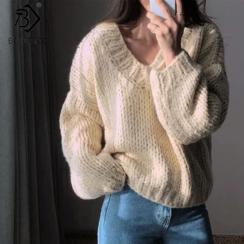 

Korean Style Fashion Ladies Thick Full Sleeve Women Knitting Sweater Solid V-Neck Pullover Loose Sweater Hot Sale S89026Q