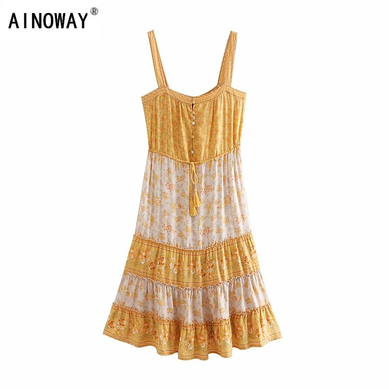 

Vintage chic women floral print sleeveless beach Bohemian tassel Strap Pleated dress Ladies Summer rayon Boho dress vestidos