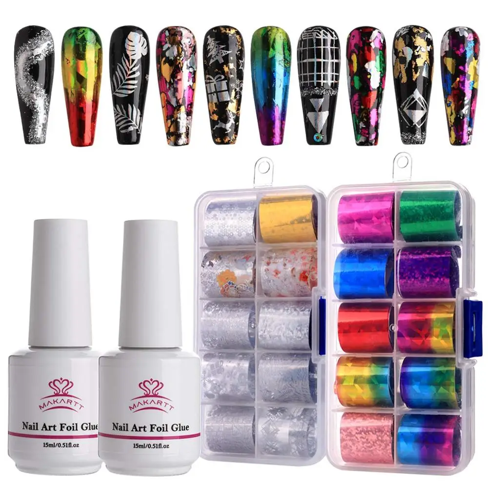 

Makartt Nail Art Foil Glue Gel with Starry Sky Star Foil Stickers Set Nail Transfer Tips Manicure Art DIY 15ML, 20PCS (4cm100cm)