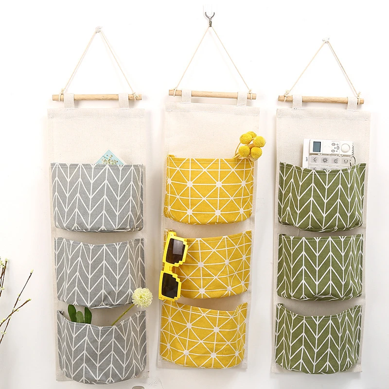 GOONBQ 1 pc 3 Pockets Hanging Storage Bag Cotton Linen Wall Mounted Wardrobe Hang Pouch Cosmetic Organizer Dropshipping | Дом и сад