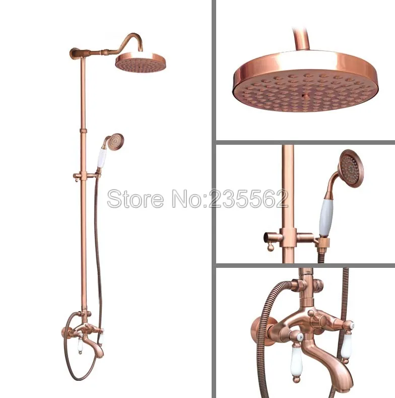 

Antique Red Copper Bathroom Rain Shower Faucet Set Dual Handle Tub Mixer Tap Wall Mounted with Handheld Shower Spray lrg630