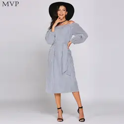 Осень в полоску платье Для женщин Мода 2017 г. Женское платье Vestidos Mujer с длинным рукавом поясом с открытыми плечами длинные Одежда для