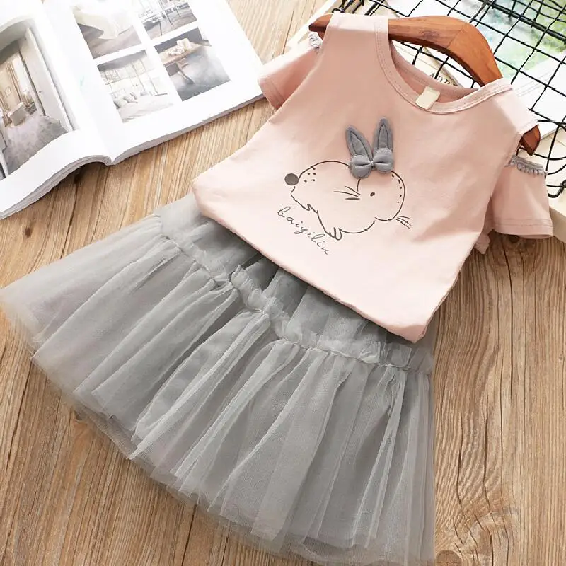 

Fashion 2019 Girls Clothing Sets New Summer Style Cartoon Rabbit Printed T-Shirts+Pink Dress 2Pcs Girls Clothes Sets