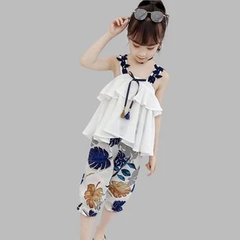 

Girls Clothes Set Solid Vest + Flowers Pants 2 PCS Girls Set Teenage Kids Children Summer Suits 6 8 10 12 13 14 year