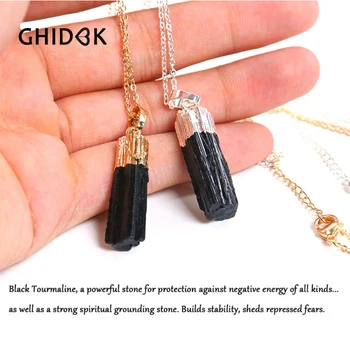 

GHIDBK Gold Sliver Color Dipped Black Tourmaline Pendant Necklace Raw Stone Schorl Chakra Healing Crystal Point Pendant Colar