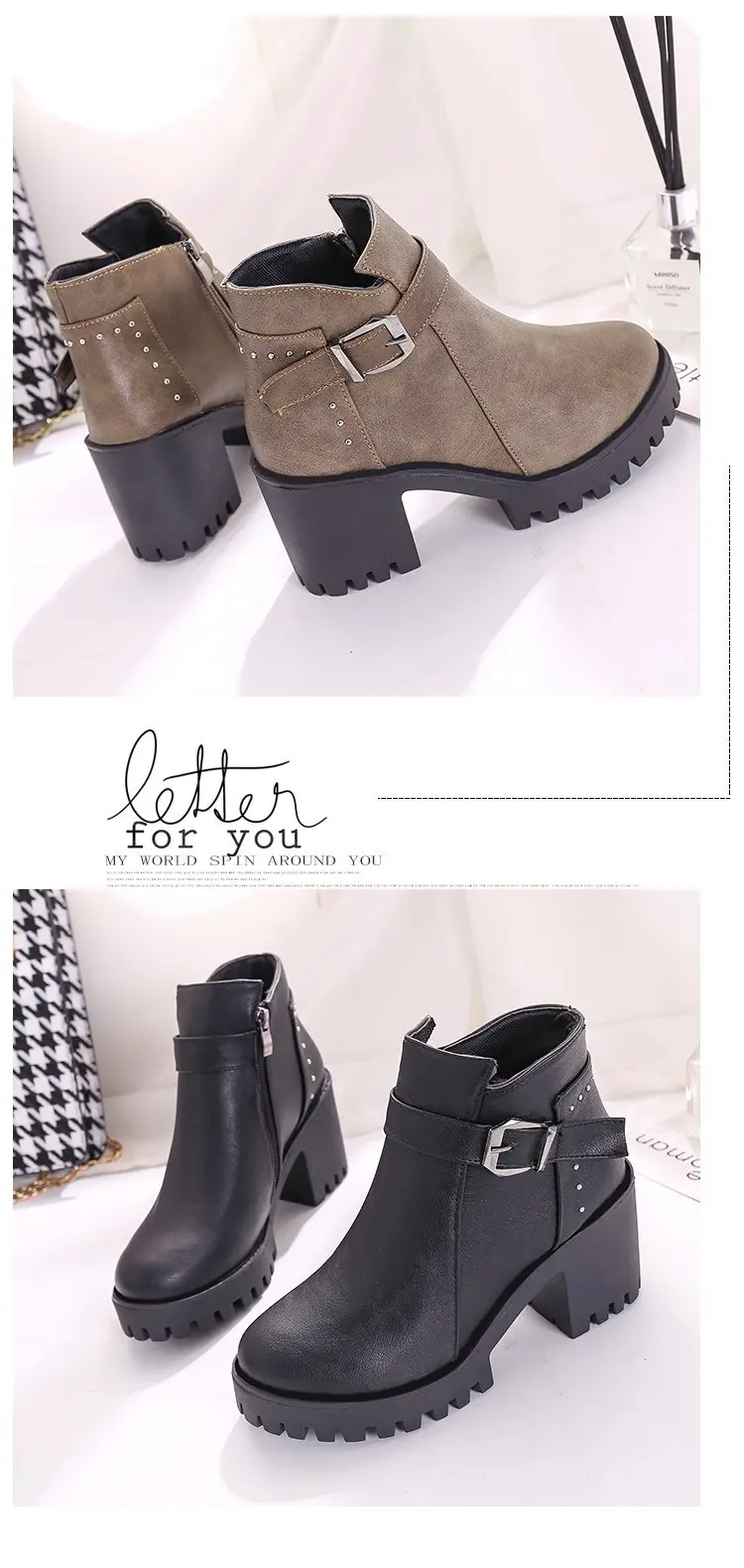 Botas mujer; модные женские ботинки на квадратном каблуке и платформе; zapatos mujer; ботфорты из искусственной кожи; мотоботы