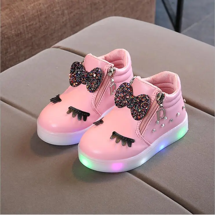 

Kids Children Girls Crystal Bowknot LED Luminous Boots for toddlers baby girls Casual Sport Shoes Sneakers