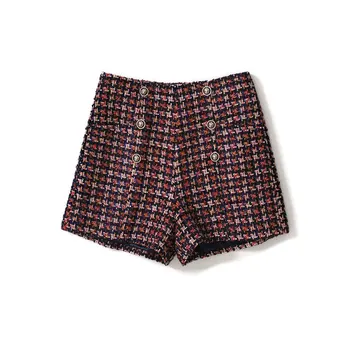 

New DK0089 High waist Checker Shorts in Spring and Autumn of 2019 Retro Chic Wool Bright Silk Broad legged