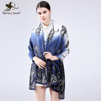 

Marte&Joven Vintage Black Floral Women Gradient Soft Chiffon Silk Scarves Shawl Classic Lace Pattern Summer Voile Cape Hijab