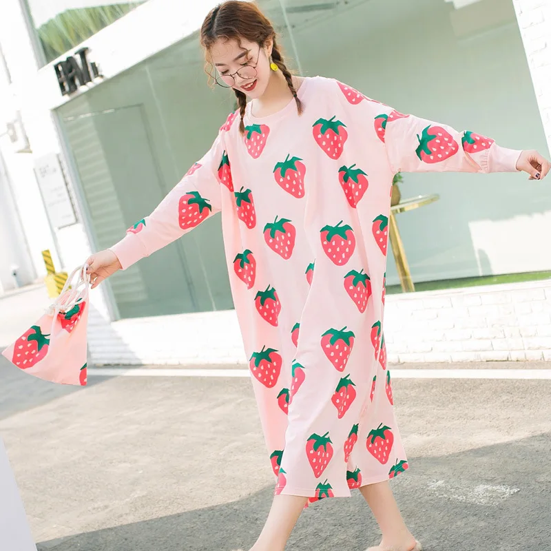 

New Korean Version Cotton Fruit Long-sleeved O-neck Pullover Long Nightdress Print Cute Sweet Pijamas Home Clothes Sleepwear