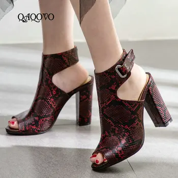 

Women Summer Ankle Boots Snake Skin Pattern Sandals High Heels Open Toe Chunky High Heels Gladiator Sandals Fashion Party Shoes