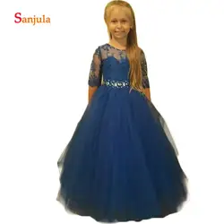 Платья с цветочным узором для девочек, темно-синее кружево, ТРАПЕЦИЕВИДНОЕ ПЛАТЬЕ с коротким кружевным рукавом, очаровательные детские
