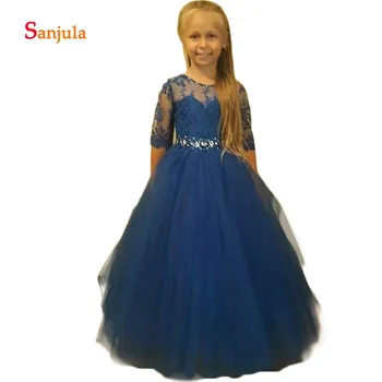 

Flower Girls Dresses Navy Blue Lace A-Line Half Lace Sleeve Charming Kids Gowns Beaded Wedding Party Gowns robe de bal fille D73