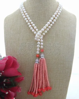 

N031813 48'' White Pearl&Pink Coral Necklace