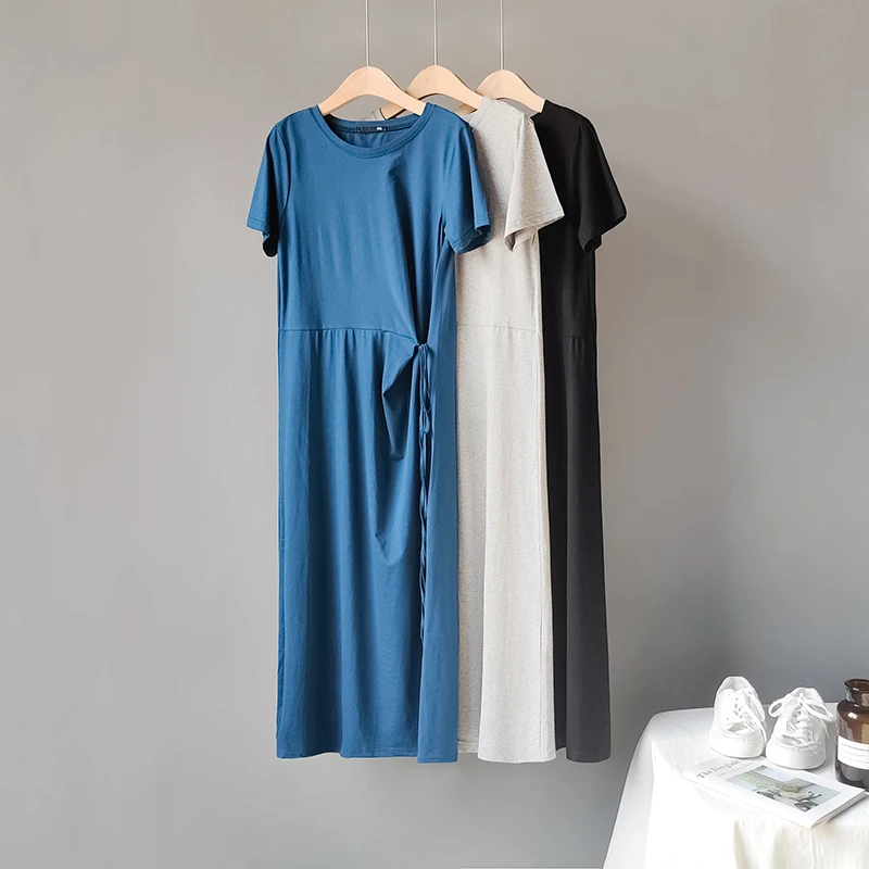 

New Chic Women Wrap Dress Summer 2019 Long Slim Cotton Casual Dress Lady Elastic Belt Dress Short Sleeve