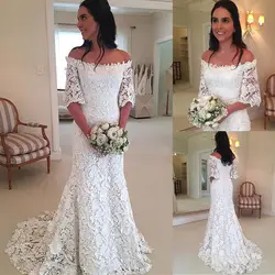 Потрясающее кружевное платье с открытыми плечами и естественной линией талии, свадебное платье с короткими рукавами, свадебное платье vestido