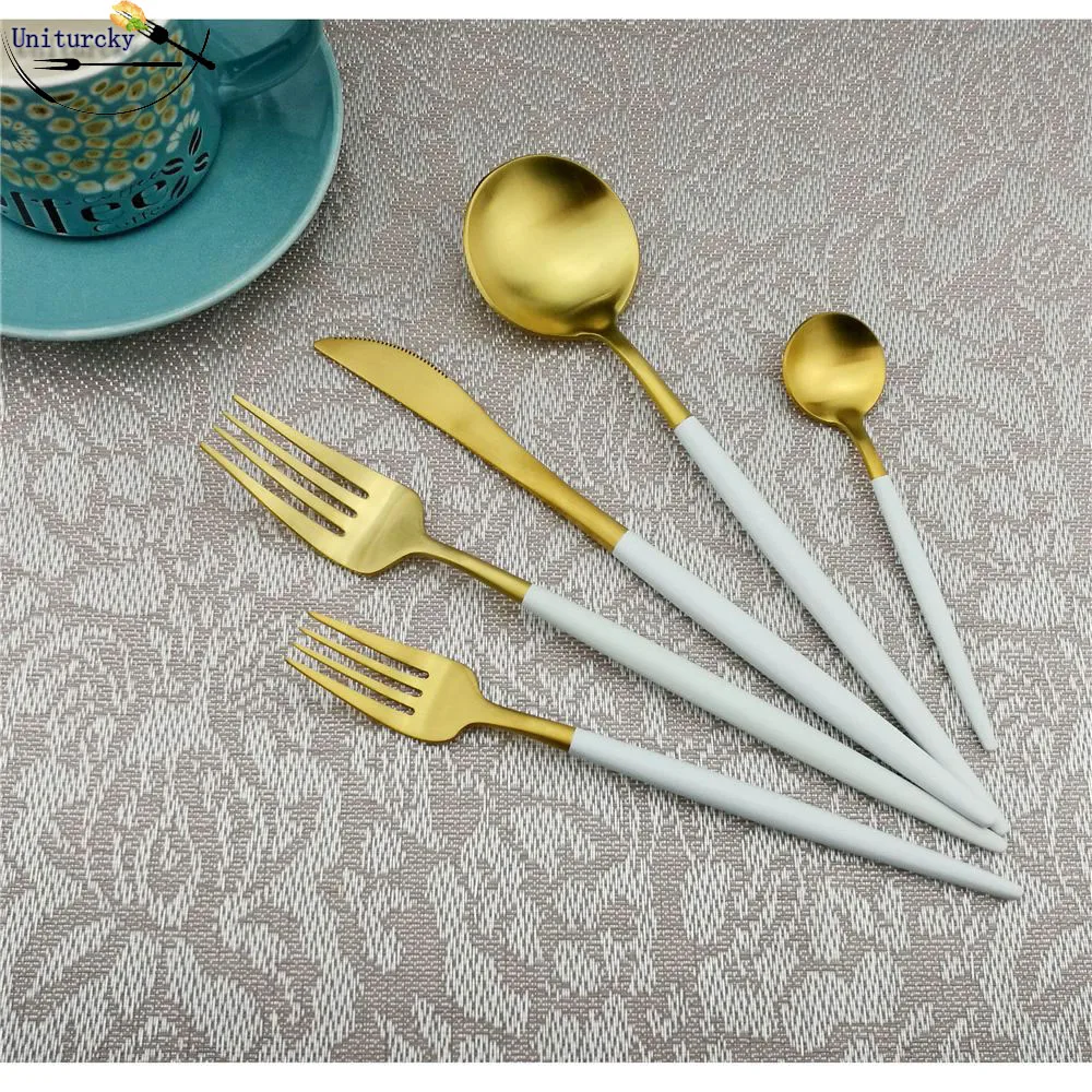 5 unids/lote vajilla de acero inoxidable cubiertos de oro blanco con la cena cuchillo tenedor cuchara de postre cubiertos para 1|Juegos de vajilla| - AliExpress
