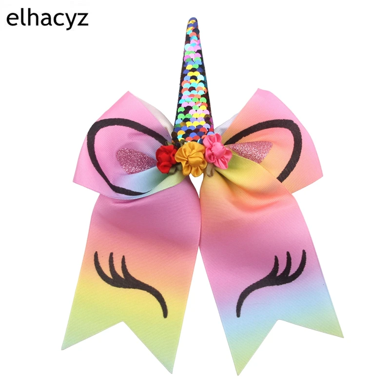 1PC 8'' Large Sequin Unicorn Ribbion Bow Headbands Glitter Print Flower Hair Bow with Hair Bands Boutique Girls Hair Accessories 1pcs unicorn rainbow print hair bows with clip baby girls ribbon sequin hair clip hairgrips headwear hair accessories wholesale