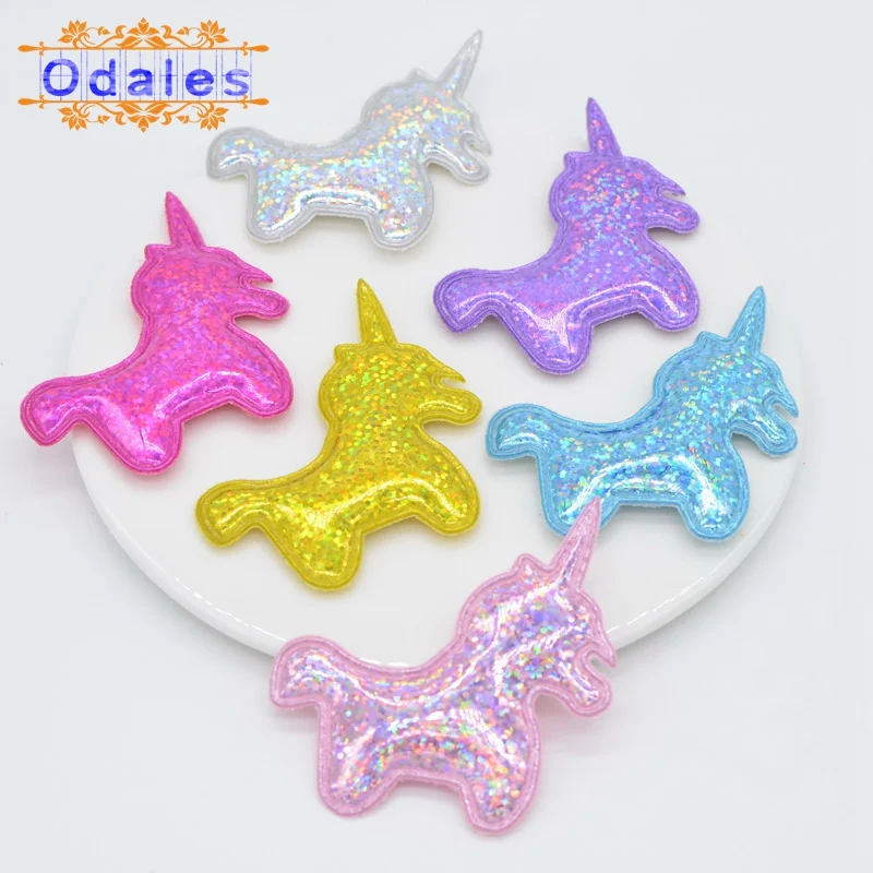 30Pcs Shiny Laser Unicorn Appliques Kid DIY Crafts Ornament PU Leather Patches for Baby Girls Hair Bow Hair Clips Accessories