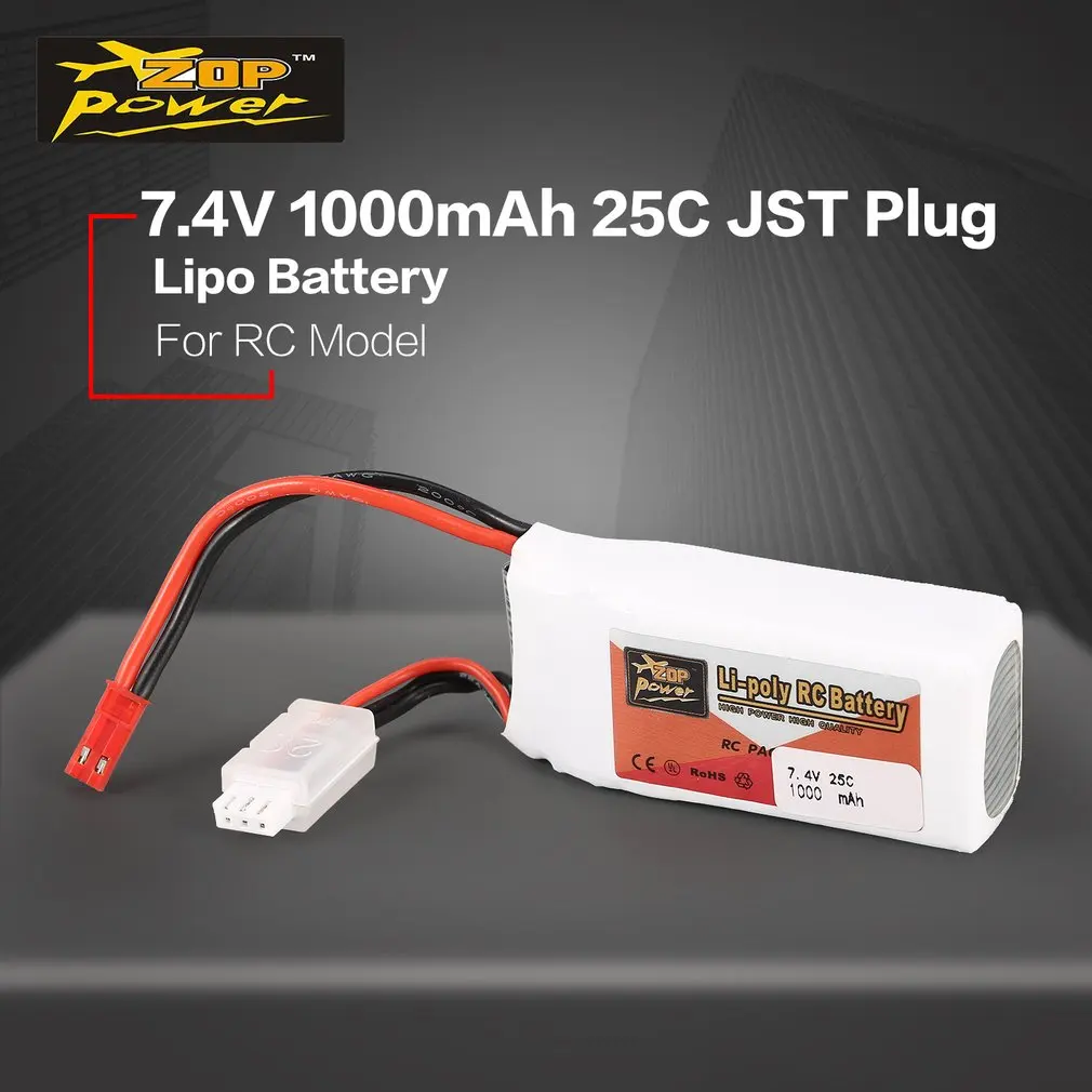 

ZOP Power 7.4V 1000mAh 25C 2S 2S1P Lipo Battery JST Plug Rechargeable For RC Racing Drone Helicopter Multicopter Car Model