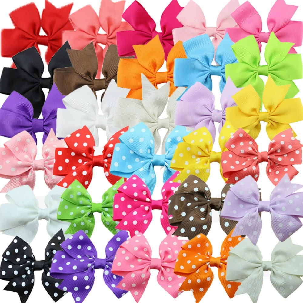 30pcs/pack girl ribbon bow hair clips dot and solid mixed kids hair