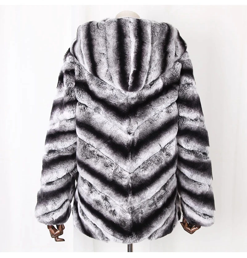 

55cm Long Lexus Rex Rabbit Fur/Chinchilla Fur Coat Hooded Hoodie /Grey Striped Outwear Custom Fur Coats Jacket Jackets 6XL 7XL