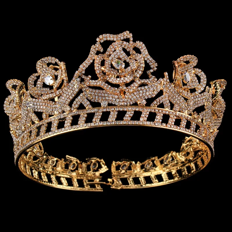 

Bridal Tiaras and Crowns Full Crystal Rhinestone Gold Color Rose flower Wedding Hair Crown for Women Hair Jewelry Accessories