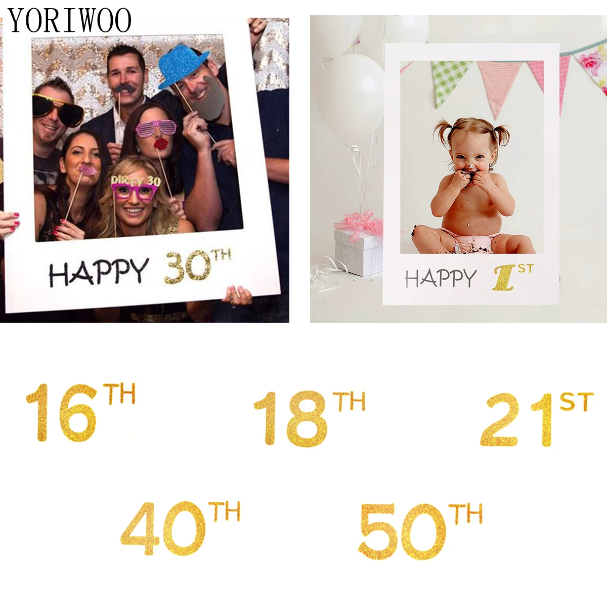 

YORIWOO 18th 21st 30th 40th 50th Happy Birthday Adult Photo Booth Frame Baby 1st Birthday Photobooth Props Party Decorations Kid